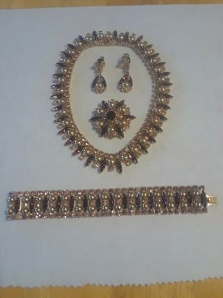 Vintage Rhinestone Necklace,  Bracelet,  Earrings And Brooch Matching Purple/gold