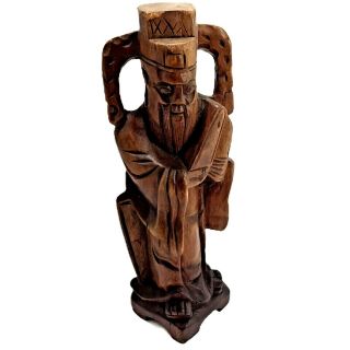 Vintage Hand Carved Asian Chinese Bearded Man Wood Figurine Statue 9 1/2 " Tall