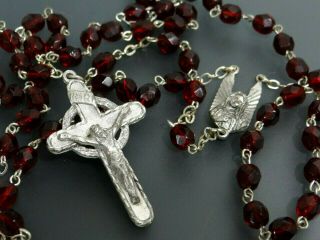 Vtg Religious Metal Cross Crucifix Rosary W/ Red Faceted Glass 5mm Bead 26 " Loop