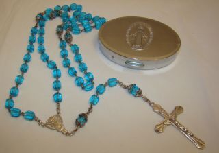 Vintage Rosary Sterling & Aqua Faceted Glass With Chrome Case Marked Sterling Ls