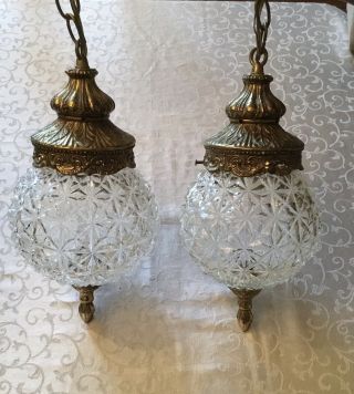 Vintage Mid Century Hanging Glass And Brass Swag Light Globe Pendants