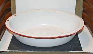 Vintage Enamel Ware Tub Basin Farm House Oval Wash Bowl Pan 17 3/4” White Red