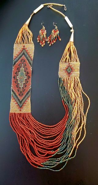 Vintage Handmade Navajo Wide Woven Seed Bead Necklace And Earrings - Earthtones