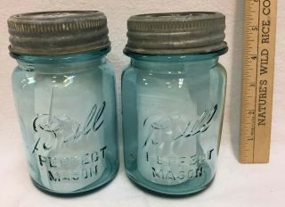 Ball Perfect Mason Blue Glass Canning Jar Pint Vintage Pair Zinc & Clear Lids