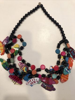 Vintage Multi Color Boho Chunky Wood Bead Necklace W/ Carved Fish 3 Strands 28”