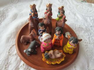 Vintage 14 Pc Mexican Folk Art Pottery Nativity Set Hand Made Estate Find