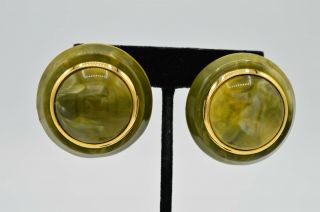 True Vintage Statement Earrings Clip Gold Olive Green Marbled Plastic 80s 9h