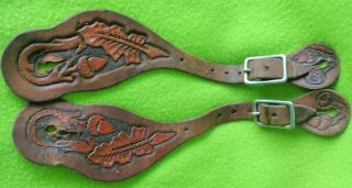 Terrific Old Vintage Wide Acorn Tooled Learher Cowboy Western Spur Straps Nr
