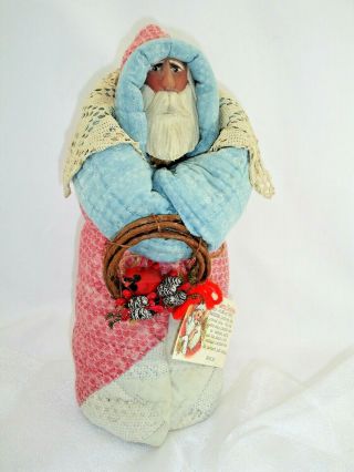 Handcrafted Santa Folk Art Father Christmas,  Vintage Quilt,  Wood,  13 Inches