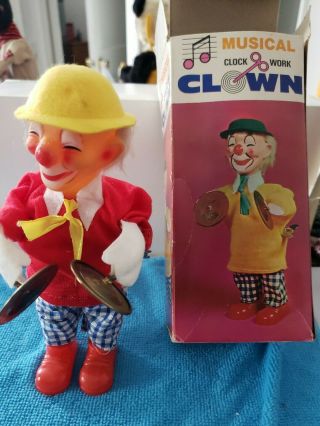 Vintage Musical Clock Work Clown With Drum,  Wind Up Key And Box 1950 - 60