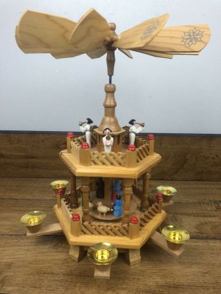 Vintage German Christmas Nativity Pyramid Wooden 2 - Tier Carousel Windmill