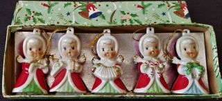 Vintage Christmas Angel Choir Ornaments W Bells,  Set Of 5,  Japan,  Box