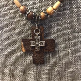 Vintage Wood Cross With Silver Cross Beaded Necklace Religious Double Crosses