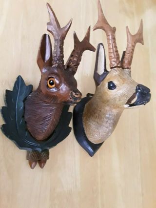 Vintage Black Forest Carved Deer Head Plaques