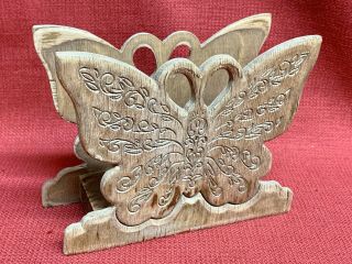 Vintage Carved Wood Butterfly Napkin Holder Mail/Envelope Holder 6”x2 3/4”x5”T 2