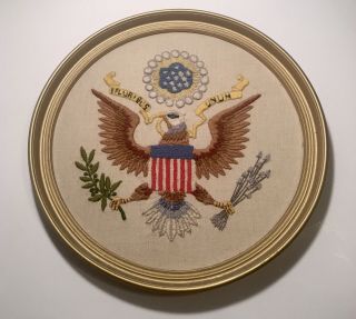 Vintage Wall Framed Hand Stitch Embroidered Patriotic Eagle E Pluribus Unum