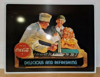 Vintage Drink Coca - Cola Delicious And Refreshing Metal Coke Ad Sign Very Good