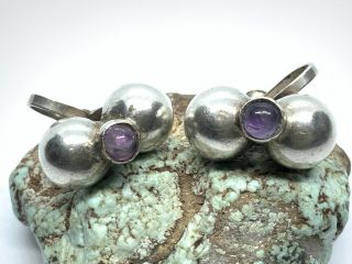 Vintage Old Mexico Sterling Silver Amethyst 2 Ball Screwback Earrings
