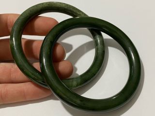Vtg 2pc Chinese Carved Spinach Green Jade Stone Bangle Bracelets