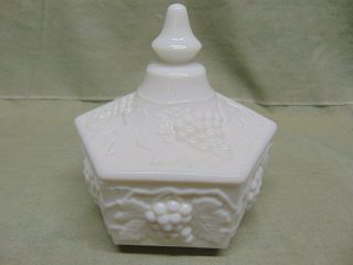Vintage Imperial Signed Wh Milk Glass Grape Vine Covered Candy Dish
