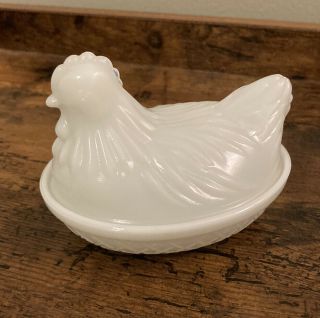 Vintage Hazel Atlas Milk Glass Chicken Hen On Nest Covered Candy Dish