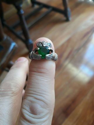 Vintage Sterling Silver Irish Wedding Claddagh Ring With Green Heart Stone Size
