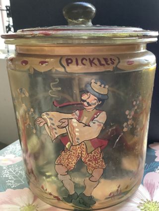 Vintage Glass Canister/pickle Jar Hand Painted,  Folk Art