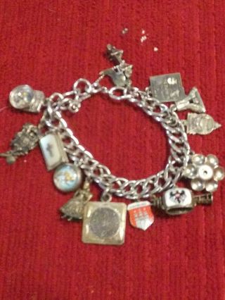 Vintage Silver Tone Chain (metal) Bracelet With 16 Sterling Silver Charms