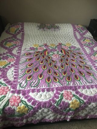 Chenille Bedspread Double Peacock Flowers Vintage Plush To Repair Or Cutter?