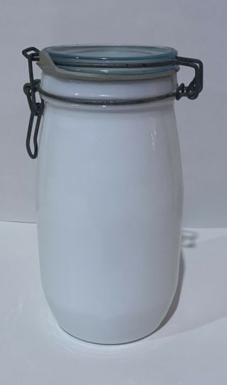 Vintage Milk Glass Large Jar Clear Lid With Bale Wire Clamp Closure 8 3/4 " Tall