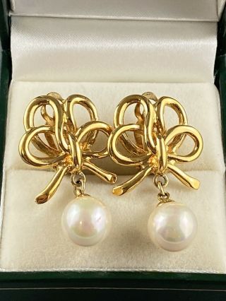 Vintage Nina Ricci Gold Tone Bow Pearl Dangle Earrings Sweetheart Statement