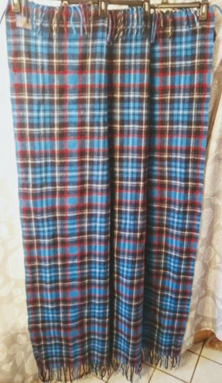 Vintage Pendleton Blue Red Black White Plaid 100 Wool Fringe Throw Blanket Usa