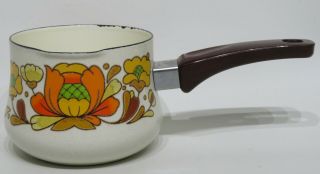 Vintage Sanko Ware Country Flowers Enamelware Saucepan W Spout Oven To Table