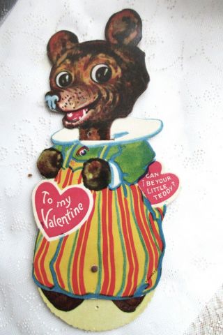 Vintage Mechanical Spinner Teddy Bear Valentine Card Germany Printed Backwards