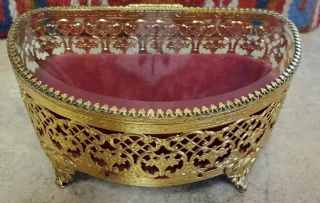 Vintage Ormolu Filigree Jewelry Casket Trinket Box Gold Gilt Beveled Glass