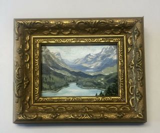 Vintage Miniature Oil Painting Mountain Landscape River Gold Frame