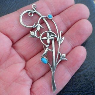 Vintage Jewellery Art Nouveau Silver Turquoise Bell Flower Brooch Pin