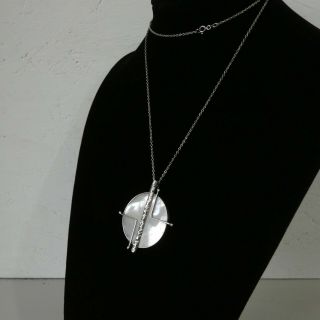 Vtg Sterling Silver 925 Long Chain Large Shell Mother Of Pearl Pendant Necklace