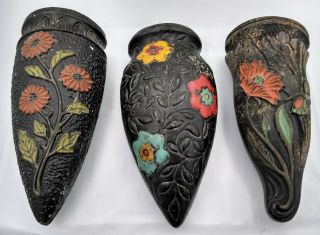 Vintage Tokanabe 3 Pc Wall Pocket Vases Set Hand - Painted Floral Japan 1920 