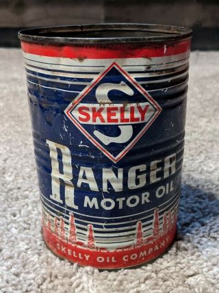 Old Vintage Skelly Ranger Qt Motor Oil Tin Can Advertising Gas Oil Can