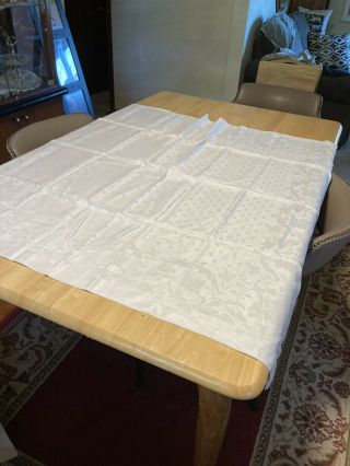Vintage 42 " Square Polka Dot Floral Damask Type White Tablecloth