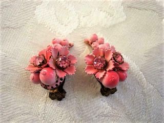 Vintage Beaded Cluster Clip On Earrings Pink Rhinestones And Flowers