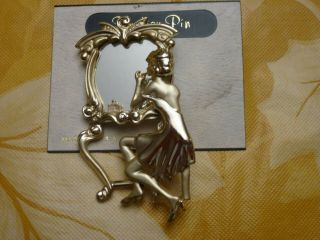 Vintage Brooch/pin Goldtone,  Fashionable Lady At Dressing Table With Mirror