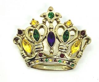 Vintage Gold Tone Multi Color Rhinestone King Queen Crown Brooch Pin Jewelry