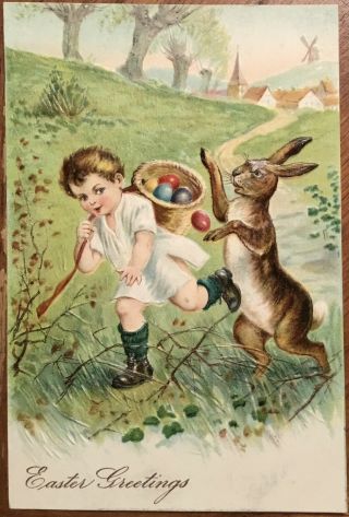 Vintage Embossed Postcard Easter Greetings Rabbit Chasing Boy With Egg Basket
