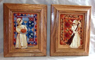 2) Vintage Crewel Embroidery Pictures Colonial Girls & Quilts Framed Wall Art