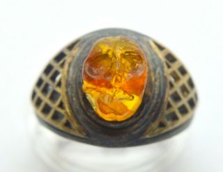 Antique Unique Masonic Freemasonry Skull Memento Mori Ring Bronze Amber