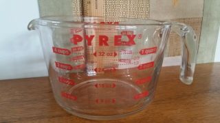 Vintage Pyrex Glass 4 Cup/1 Quart/1 Liter Measuring Cup Open Handle Red Letters