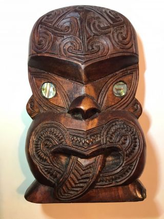 Vintage 6 " Zealand Hand Carved Wooden Tiki With Paua Shell Inlaid Eyes