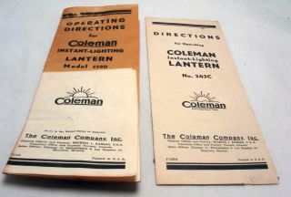 Two Collectable Vintage Coleman Lantern Operation Directions Models 228d & 242c